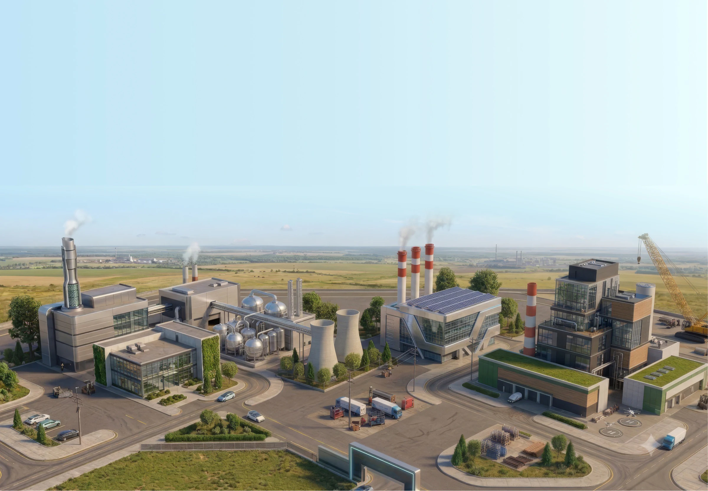 Aerial view of an industrial plant with production buildings, site roads, utilities, and maintenance areas.